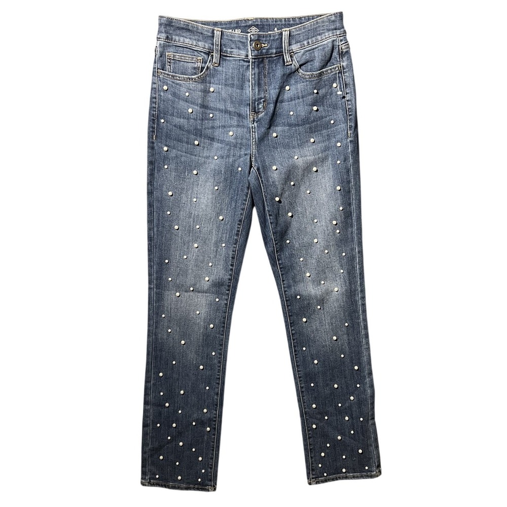 St. John's Bay Women's Size 4 Straight Leg Jeans Medium Wash Pearl Accents